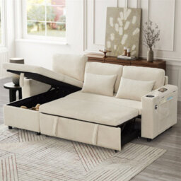 Abrihome 3 In 1 Convertible Corduroy Sofa Bed With Storage Chaise, L Shaped Sleeper Sofa Couches With Charging Station, Beige - thumbnail 1