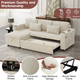 Abrihome 3 In 1 Convertible Corduroy Sofa Bed With Storage Chaise, L Shaped Sleeper Sofa Couches With Charging Station, Beige - thumbnail 4