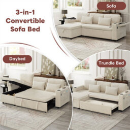 Abrihome 3 In 1 Convertible Corduroy Sofa Bed With Storage Chaise, L Shaped Sleeper Sofa Couches With Charging Station, Beige - thumbnail 5