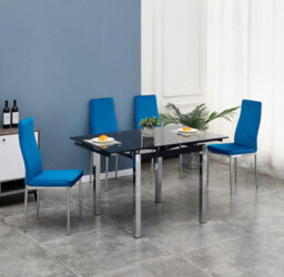 Furnizone UK Piccolo 4-Seater Extending Dining Table And 4 Monza Blue Velvet Chairs