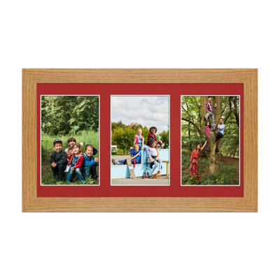 AK Frames 40X20Cm Oak Modern Multi Photo Frame With Crimson Mount - Holds 3 Apertures (3X) 6X4 Photos - image 1
