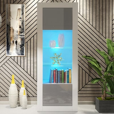 Creative Furniture Illume Display Cabinet 170Cm - White & Grey Gloss Doors And Led Lights - image 1