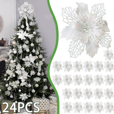 Amorly 24Pcs White Glitter Poinsettia Artificial Flowers, Decor Ornaments For Christmas Tree, Wreath, Garland And Festive Decorations - image 1