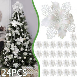 Amorly 24Pcs White Glitter Poinsettia Artificial Flowers, Decor Ornaments For Christmas Tree, Wreath, Garland And Festive Decorations - thumbnail 1