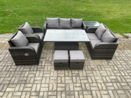 Fimous Rattan Outdoor Garden Furniture Sets Adjustable Rising Lifting Dining Table Reclining Chair Set With Side Table - thumbnail 2