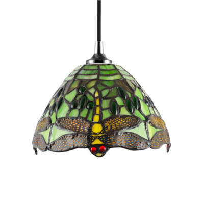 Happy Homewares Dragonfly Themed Green Stained Glass Tiffany Pendant Lighting Shade With Beads - image 1