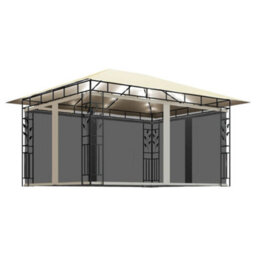 Berkfield Durable Gazebo With Mosquito Net&led String Lights 4X3X2.73 M Cream