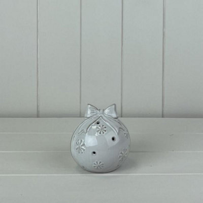 Glazed Ceramic Bauble With Bow Ornament With Textured Detail