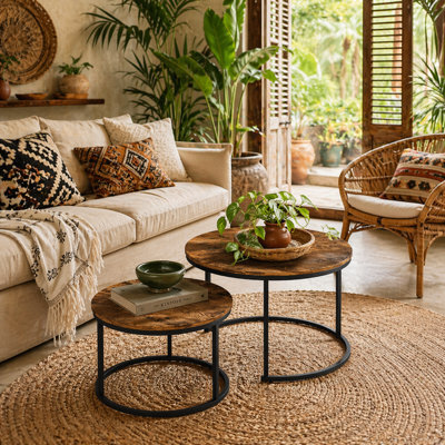 Wyld Haus Pasu Set Of 2 Round Nesting Coffee Tables - Rustic Brown Tabletops With Black Metal Frames - image 1