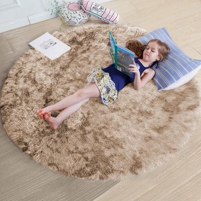 Ameha Round Rugs Living Room 120X120 Cm Fluffy Shaggy Tye Dye Beige Area Rugs For Bedroom Modern Super Soft Floor Carpets Bedside Rug - image 1