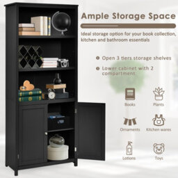 Costway Wooden Tall Bookcase 3-Tier Shelving Storage Cabinet 2 Doors Display Organizer - thumbnail 5
