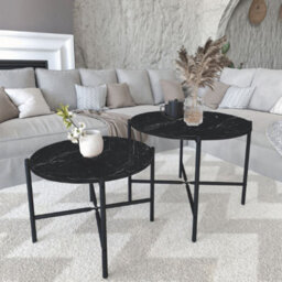 Urbn-Living Urbnliving 65Cm Width 2Pcs Round Black Marble Wooden Nesting End Coffee & Side Table Set With Metal Legs