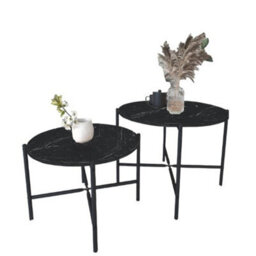 Urbn-Living Urbnliving 65Cm Width 2Pcs Round Black Marble Wooden Nesting End Coffee & Side Table Set With Metal Legs - thumbnail 2