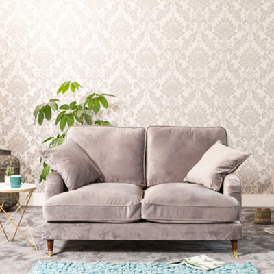 Mackenzie 150Cm Wide Grey 2 Seat Velvet Fabric Sofa With Brass Coloured Wheel Tipped Walnut Coloured Wooden Legs
