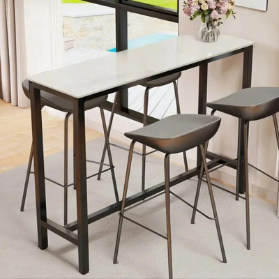 Fativo 120X40X105Cm Sintered Stone Bar Table, Rectangular Breakfast Counter With Black Metal Frame And Footrest, White - image 1