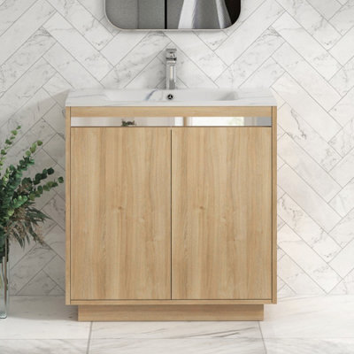 Royal Bathrooms Orion 800mm Natural Oak 2 Door Floor Standing Bathroom Vanity Unit With Carrara White Basin & Chrome Accent Trim - image 1