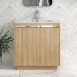 Royal Bathrooms Orion 800mm Natural Oak 2 Door Floor Standing Bathroom Vanity Unit With Carrara White Basin & Chrome Accent Trim - thumbnail 1
