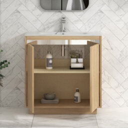 Royal Bathrooms Orion 800mm Natural Oak 2 Door Floor Standing Bathroom Vanity Unit With Carrara White Basin & Chrome Accent Trim - thumbnail 4