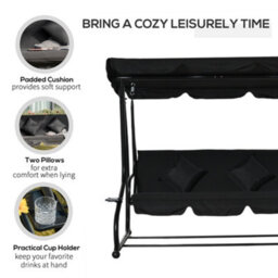 Outsunny 2-In-1 Garden Swing Chair For 3 Person W/ 2 Pillows, Black - thumbnail 7