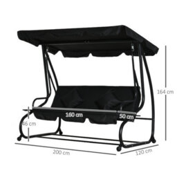 Outsunny 2-In-1 Garden Swing Chair For 3 Person W/ 2 Pillows, Black - thumbnail 3