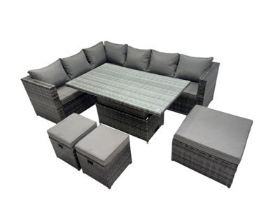 Fimous 9-Seater Height Adjustable Rising Lifting Table Corner Sofa Set Rattan Garden Furniture Set With 3 Stools Dark Grey Mixed - image 1