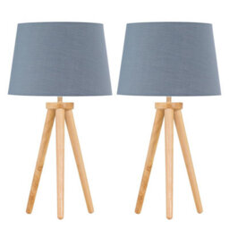 First Choice Lighting Set Of 2 Light Oak Table Lamp Or Bedside Lights With Grey Shades