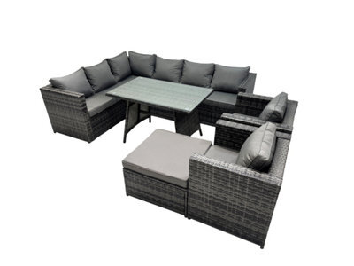 Fimous 9-Seater Outdoor Pe Rattan Sofa Set With Dining Table Patio Garden Furniture Sets With 2 Chair Big Stool Dark Grey Mixed - image 1