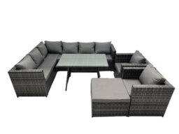 Fimous 9-Seater Outdoor Pe Rattan Sofa Set With Dining Table Patio Garden Furniture Sets With 2 Chair Big Stool Dark Grey Mixed - thumbnail 2