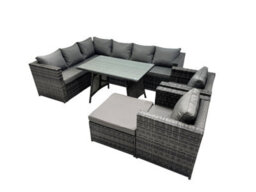 Fimous 9-Seater Outdoor Pe Rattan Sofa Set With Dining Table Patio Garden Furniture Sets With 2 Chair Big Stool Dark Grey Mixed - thumbnail 1