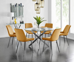 Furniturebox Uk Novara 120Cm Round Dining Table And 6 Mustard Pesaro Black Leg Chairs