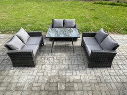 Fimous 6 Seater Rattan Wicker Garden Furniture Patio Conservatory Sofa Set With Rectangular Dining Table For Garden - thumbnail 2