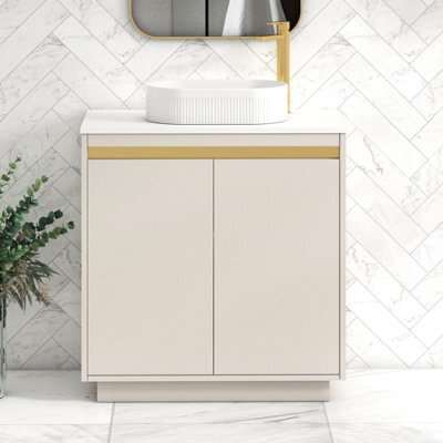 Royal Bathrooms Orion 800mm Warm Taupe Floor Standing Plain White Countertop Vanity Unit 2 Door With Lyon Basin & Brushed Brass Accent Trim - image 1