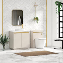Royal Bathrooms Orion 800mm Warm Taupe Floor Standing Plain White Countertop Vanity Unit 2 Door With Lyon Basin & Brushed Brass Accent Trim - thumbnail 3