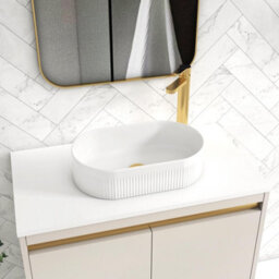 Royal Bathrooms Orion 800mm Warm Taupe Floor Standing Plain White Countertop Vanity Unit 2 Door With Lyon Basin & Brushed Brass Accent Trim - thumbnail 5
