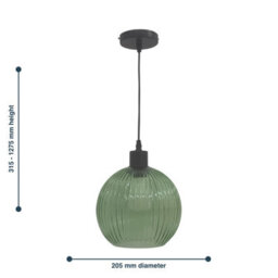 First Choice Lighting Betchley - Green Ribbed Glass Globe With Black Pendant Fitting - thumbnail 8