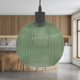 First Choice Lighting Betchley - Green Ribbed Glass Globe With Black Pendant Fitting - thumbnail 3