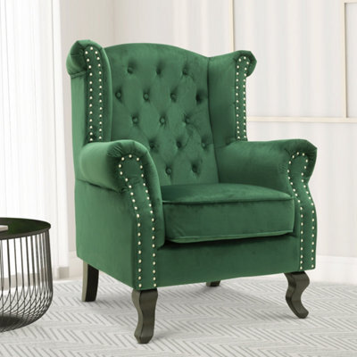 Velvet Wingback Fireside Chair Armchair With Buttons Emerald Green - image 1