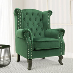 Velvet Wingback Fireside Chair Armchair With Buttons Emerald Green - thumbnail 1