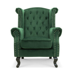 Velvet Wingback Fireside Chair Armchair With Buttons Emerald Green - thumbnail 2