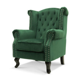 Velvet Wingback Fireside Chair Armchair With Buttons Emerald Green - thumbnail 3