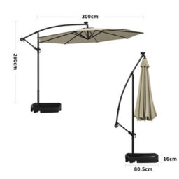 Living And Home 3M Led Lighted Large Garden Cantilever Patio Parasol Sun Shade Banana Umbrella Crank Tilt With Fillable Base, Beige - thumbnail 5