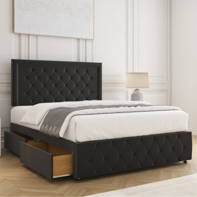 Bsspoke Lena Divan Bed Set Black Plush Velvet With 24Inch Headboard & Footboard & 2 Drawers Footend & Mattress In All Sizes - image 1