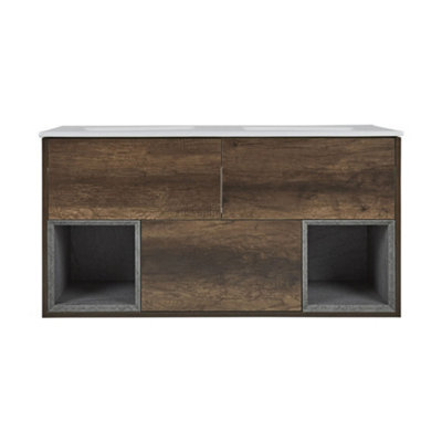 Homestylestore 1210mm Dark Oak Wall Hung Bathroom Vanity Unit With Double Basin - image 1