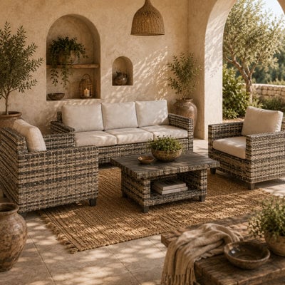 Wyld Haus Coneno 6-Piece Modular Rattan Outdoor Sofa Set Light Grey With White Cushions - image 1