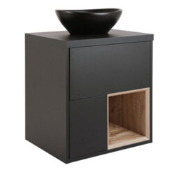 Homestylestore Black Grey 594mm Wall Hung Bathroom Vanity Unit Oval Countertop Graphite Basin Open Shelf - thumbnail 1