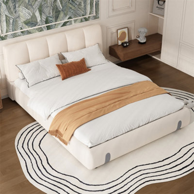 Abrihome Upholstered Double Bed, 4Ft6 (135X190Cm), Plush Headboard & Sturdy Mdf/plywood Frame, For Adults & Teens, Velvet, White - image 1