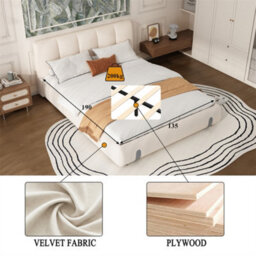 Abrihome Upholstered Double Bed, 4Ft6 (135X190Cm), Plush Headboard & Sturdy Mdf/plywood Frame, For Adults & Teens, Velvet, White - thumbnail 3
