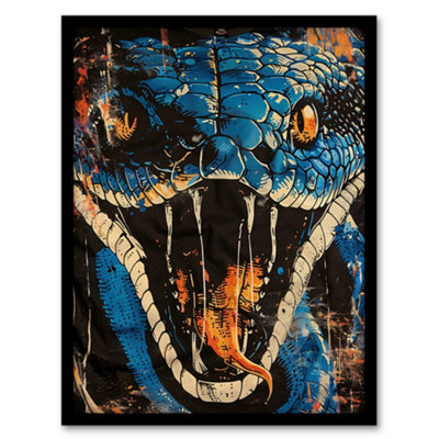 Artery8 Framed Wall Art Snake Head Open Mouth Orange Blue Grunge Comic Poster - 12X16 Inch