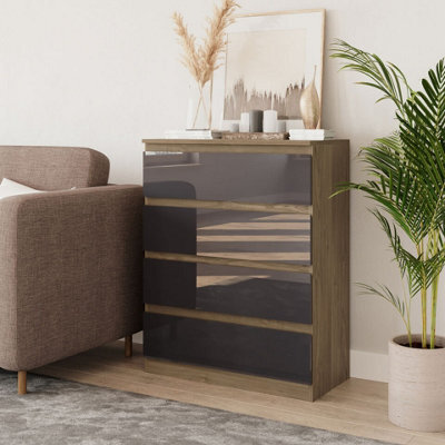 Urbn-Living Urbnliving 90Cm Tall 4 Drawer High Gloss Bedside Chest Of Drawers With Smooth Metal Runner Oak & Grey - image 1