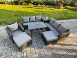 Fimous Wicker 7 Pieces Rattan Garden Furniture Sofa Set With Rectangular Dining Table Armchair 2 Big Footstool Side Table - thumbnail 2